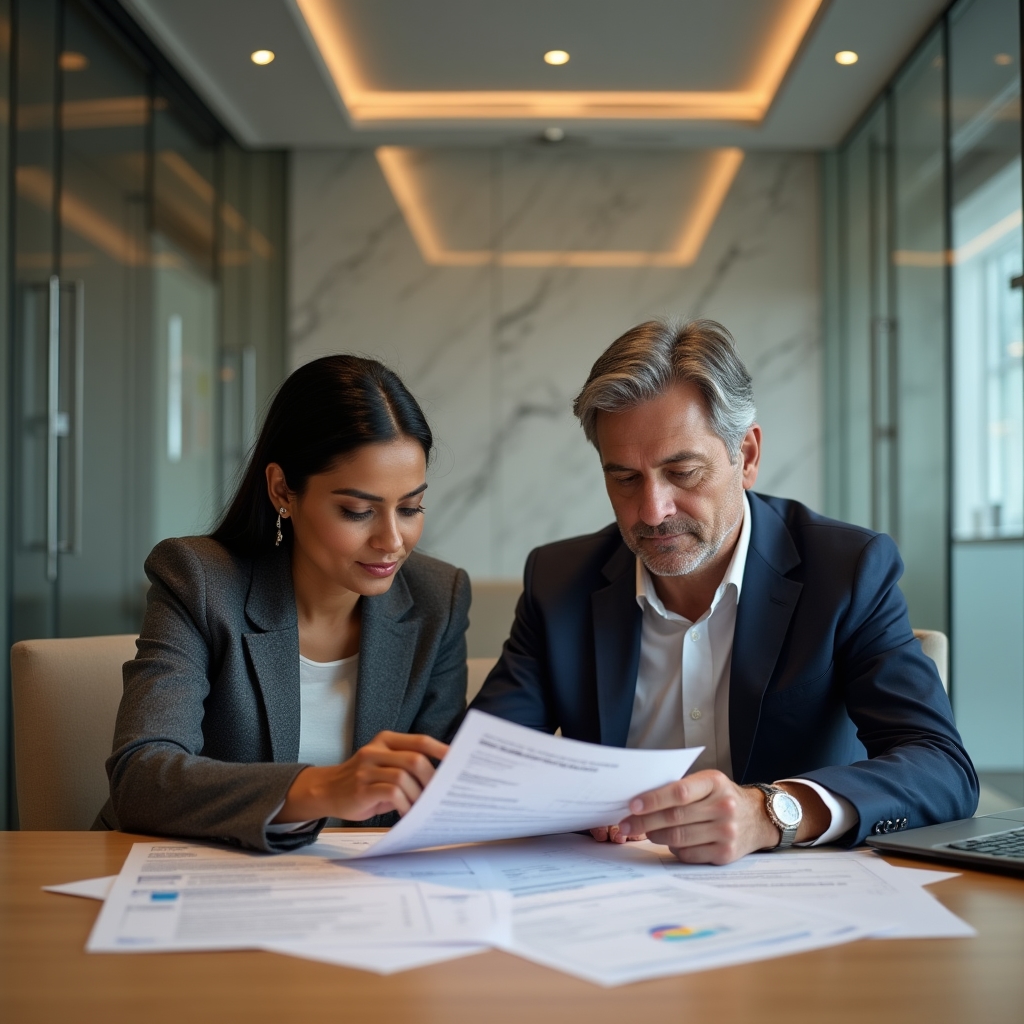 Auditors reviewing API integration documentation together at a conference table