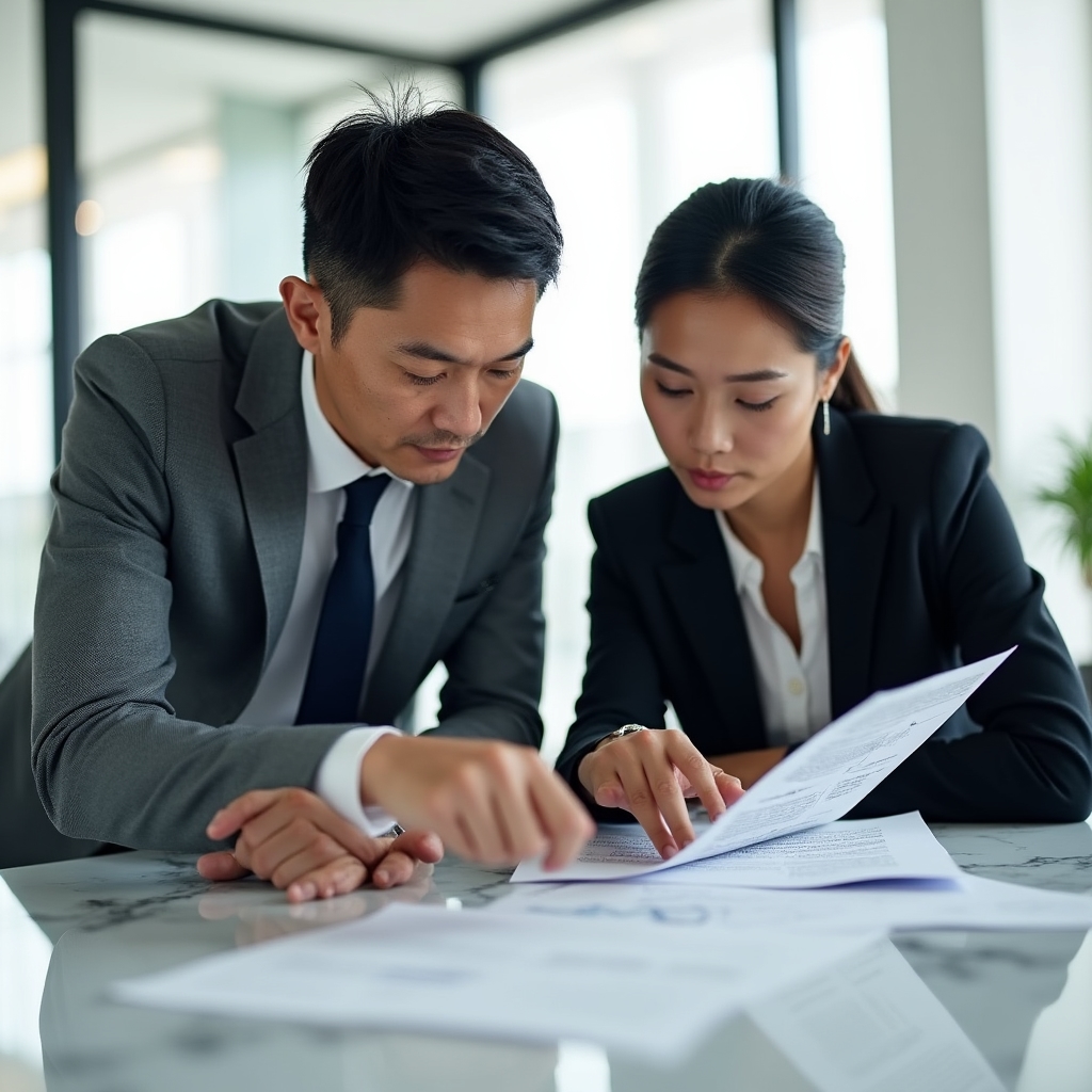 Two colleagues walking through a printed audit findings report at a desk
