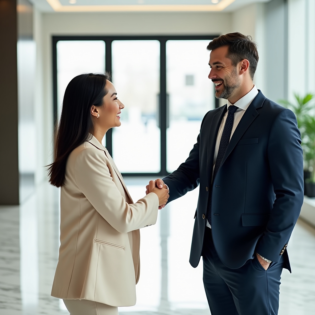 Consultant and client shaking hands after an onboarding meeting in a bright office setting