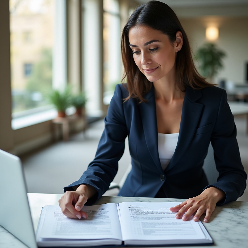 Analyst comparing printed compliance documentation against a laptop screen