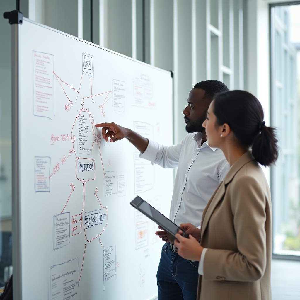 Two auditors mapping API dependencies on a whiteboard during a workshop session