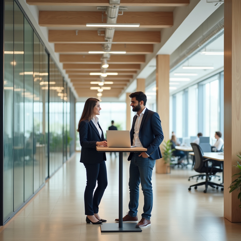 Open office collaboration space with clean lines, glass partitions, and natural light