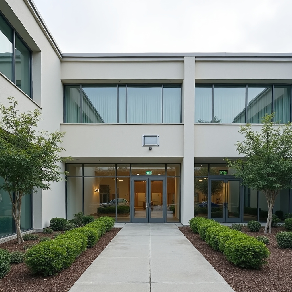 Quiet office building exterior with clean modern lines and glass entrance