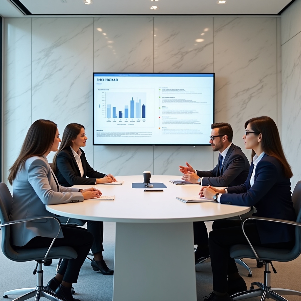 Small team seated around a table reviewing quarterly audit findings on a shared screen