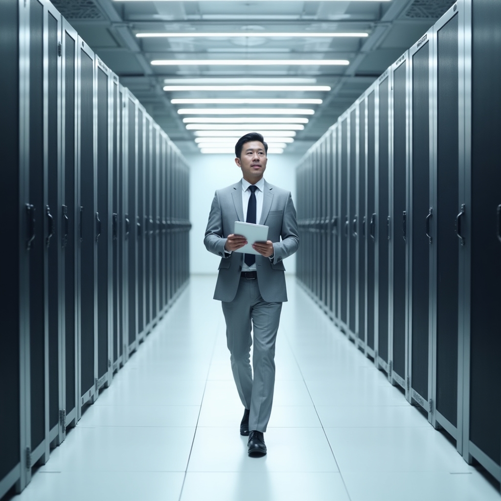 Technical reviewer inspecting server infrastructure in a secure data center corridor