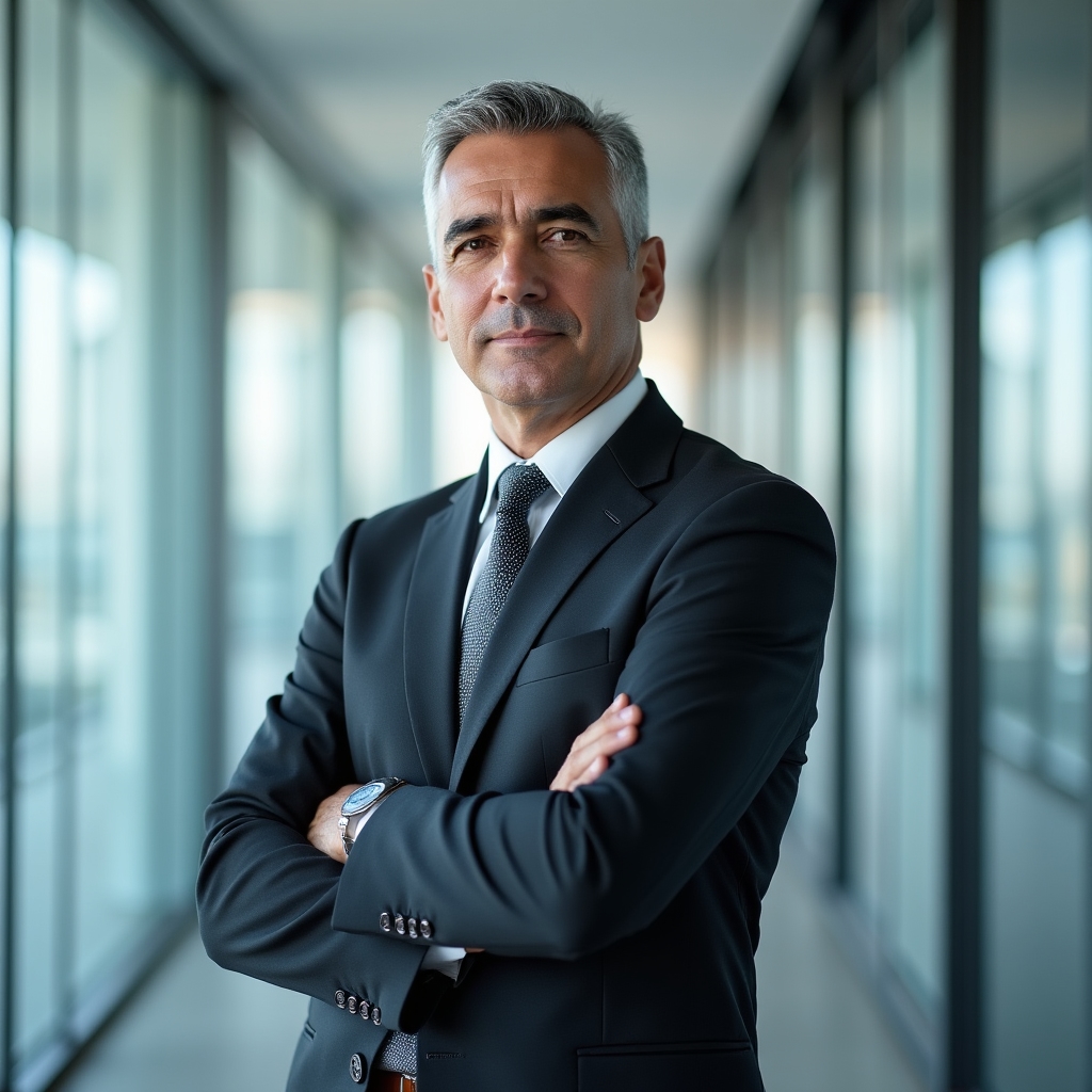 Senior technical auditor standing in a bright office corridor with arms crossed, calm expression