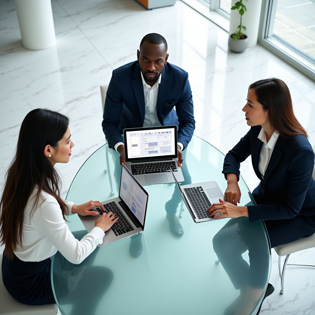 Three professionals discussing payment system architecture around a table with laptops open