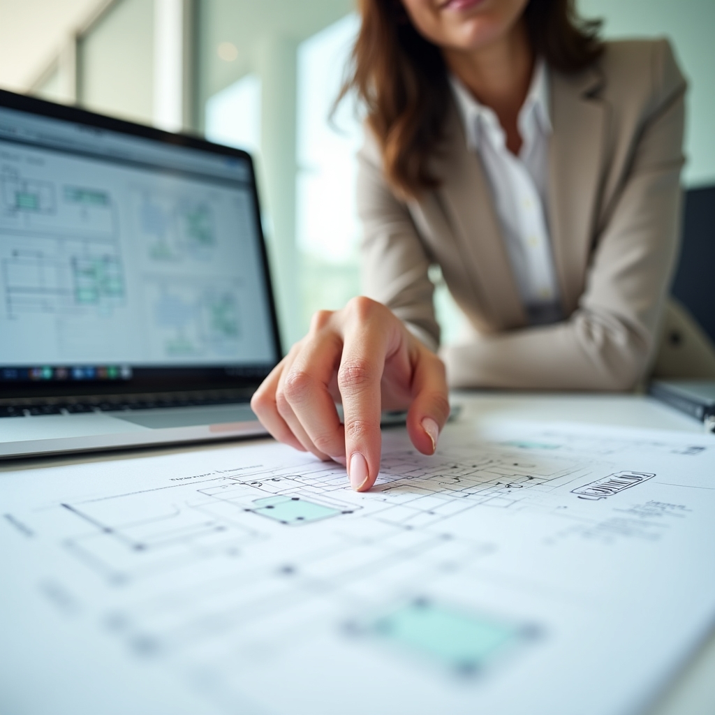 Reviewer pointing at a technical architecture diagram printed on paper during a discussion